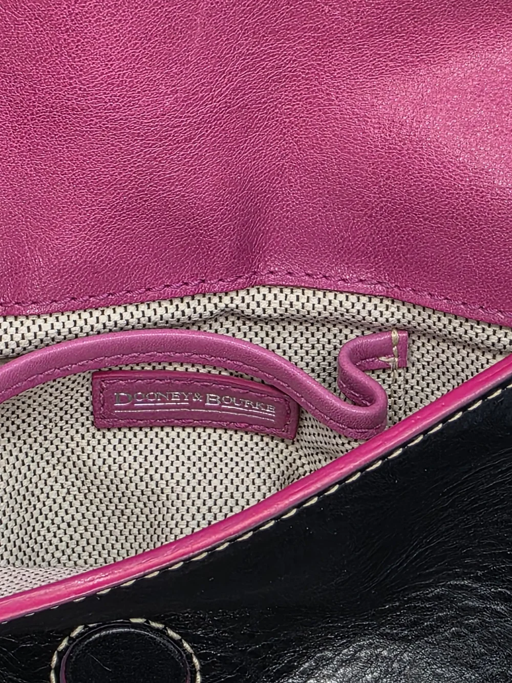 Black Leather Crossbody Bag with Pink Strap and Heart Buckle